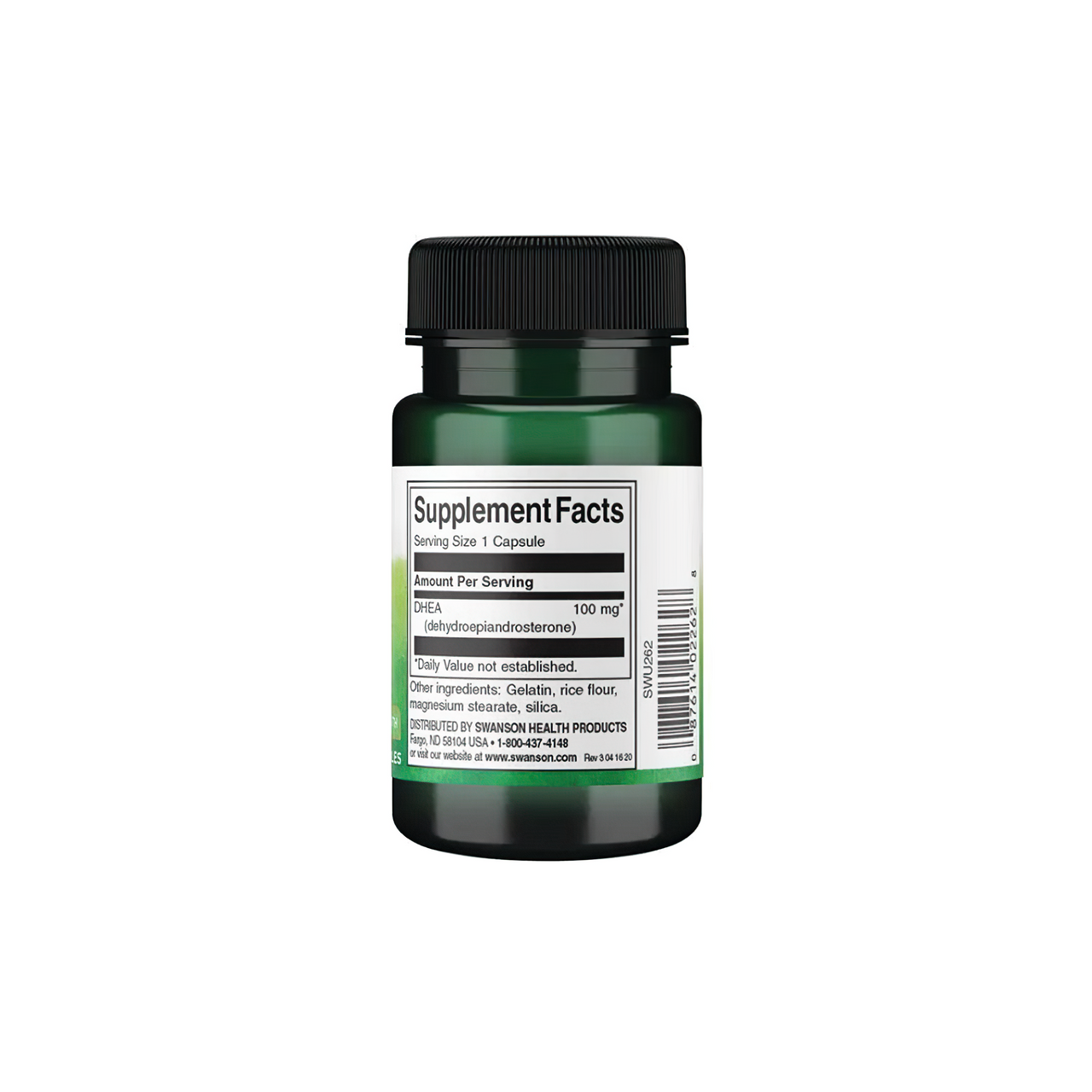 Flacone di Swanson DHEA - 100 mg 60 capsule su sfondo bianco.