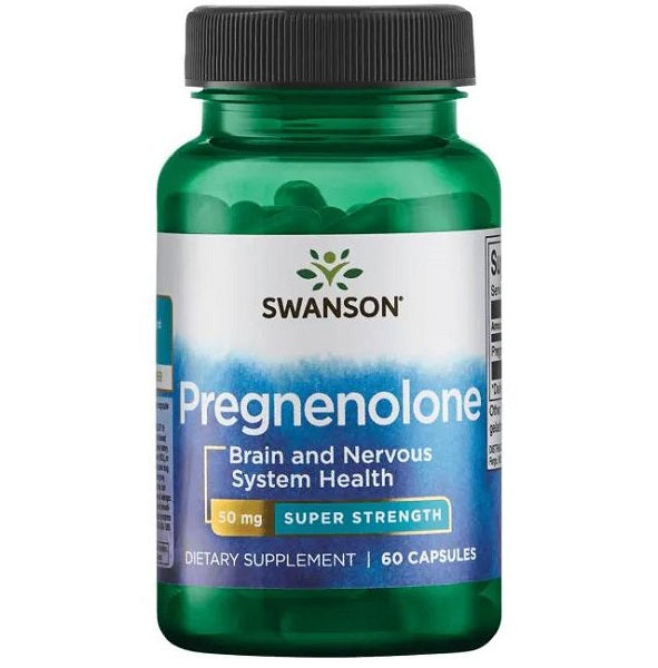Un flacone di Swanson Pregnenolone - 50 mg 60 capsule, un precursore ormonale noto per sostenere le funzioni cerebrali.
