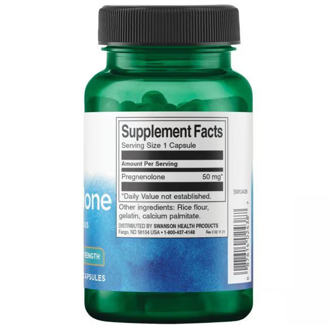 The Swanson Pregnenolone 50 mg Super Strength supplement comes in a green bottle with 60 capsules. Each capsule contains 50 mg of pregnenolone and includes rice flour, gelatin, and calcium palmitate.