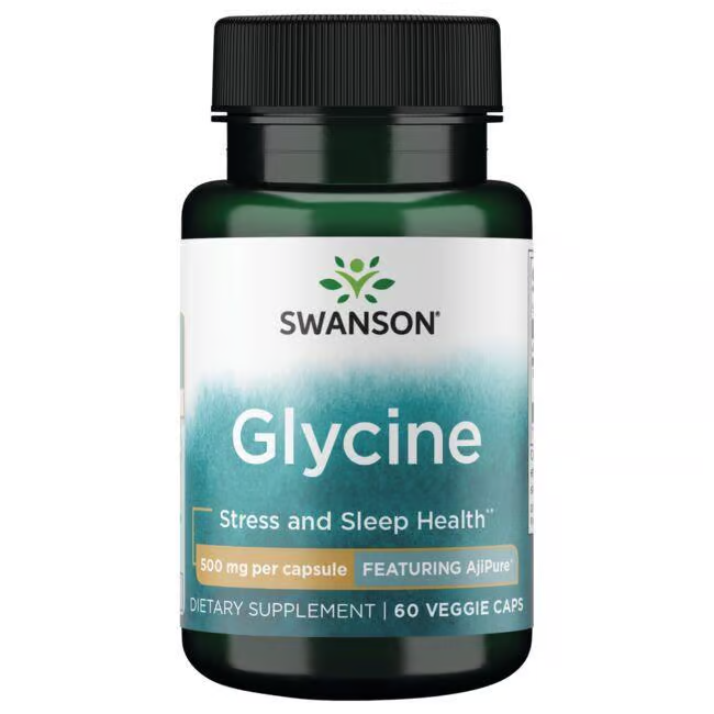 Introducing Swanson's Glycine - Featuring AjiPure: a dietary supplement enriched with the amino acid known for improving sleep quality and alleviating stress, offering 500 mg per capsule. Each bottle contains 60 veggie capsules to support your wellness needs.