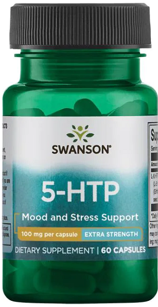 Un flacone di Swanson 5-HTP Extra Strength - 100 mg 60 capsule per il supporto dell'umore e dello stress.