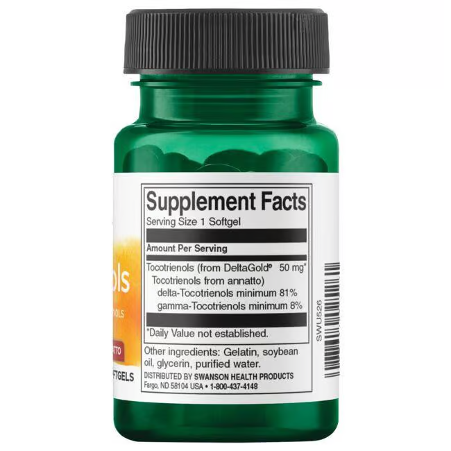 This Swanson supplement, "Tocotrienols - From Annatto 50 mg 60 Softgels," showcases a label with facts highlighting tocotrienols from the annatto plant and other ingredients like gelatin and glycerin to support healthy cholesterol levels.