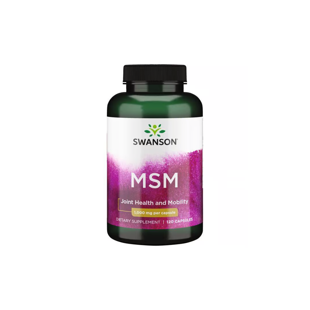 A Swanson MSM 1000 mg dietary supplement, acclaimed for joint health and mobility, contains 120 capsules per bottle.