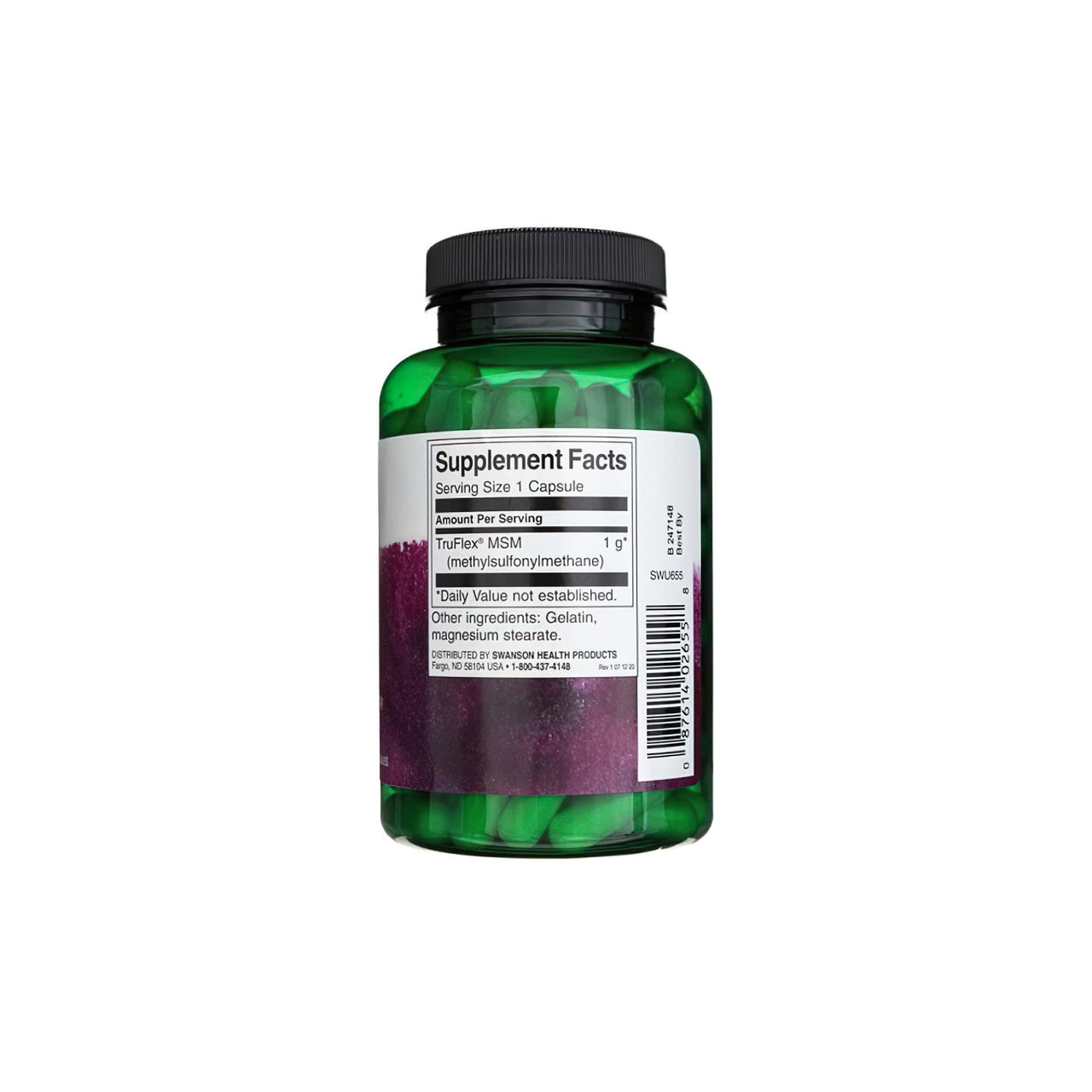 Un flacone di Swanson MSM 1000 mg 120 caps integratori per la salute delle articolazioni su uno sfondo bianco.