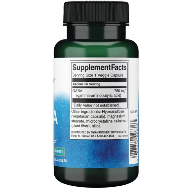 Swanson's GABA 750 mg Maximum Strength features a bottle of 60 veggie capsules designed for relaxation and sleep quality, with supplement facts and ingredients on the label. Each capsule contains 750 mg of gamma-aminobutyric acid.