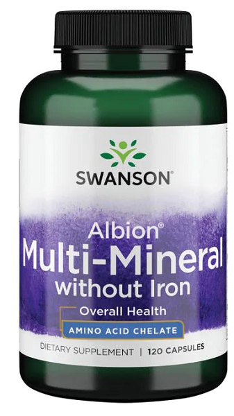 Swanson Multi-Mineral senza ferro Albion - 120 capsule, che utilizzano le innovative tecnologie di chelazione di Albion per ottenere glicinati minerali altamente assorbibili.