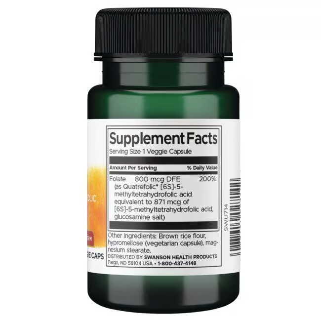 The Folate 5-MTHF by Swanson features a label detailing ingredients like folate with Quatrefolic technology, brown rice flour, and hypromellose. It's suitable as a prenatal vitamin, with Swanson Health Products' contact info clearly displayed.