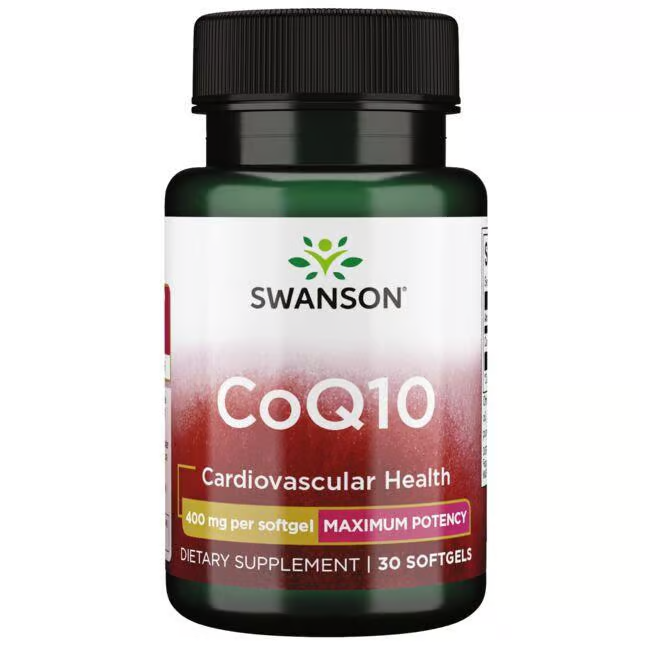 Swanson's Coenzyme Q10 400 mg supplement, with its maximum potency and antioxidant benefits, supports cardiovascular health and boosts energy. Each bottle contains 30 softgels for daily wellness.