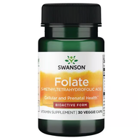 Thumbnail for Swanson Folate 5-MTHF, at 400 mcg per capsule, comes in a bottle of 30 veggie capsules designed to support cellular and prenatal health, making it ideal during pregnancy.