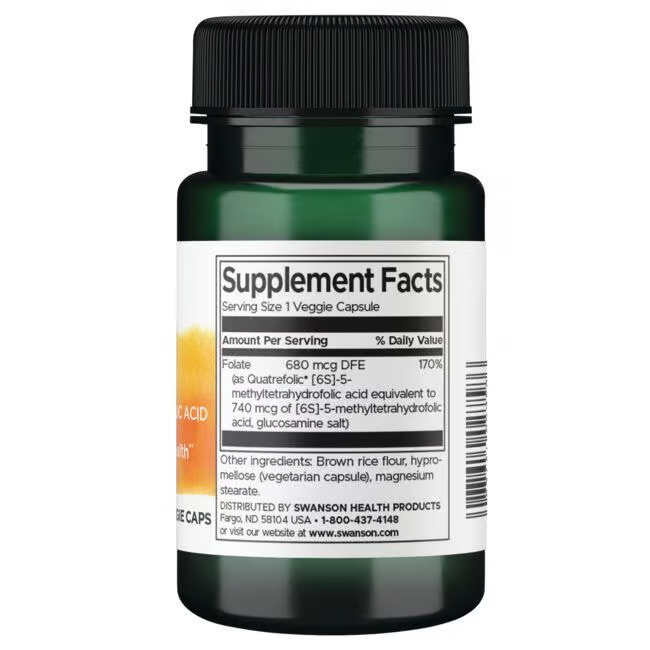 A green bottle labeled Swanson Folate 5-MTHF contains supplement facts for a dietary product with folate as 5-methyl-tetrahydrofolate and other ingredients, ideal for those considering pregnancy. Distributed by Swanson Health Products.