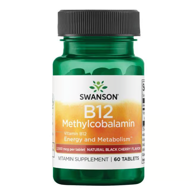 Swanson Vitamin B-12 Methylcobalamin supplement comes in a green bottle with 60 tablets, promoting energy production and metabolism, featuring a natural black cherry flavor.