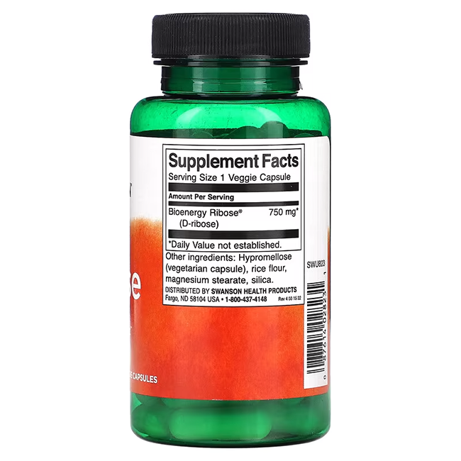 A green bottle from Swanson displays the supplement facts for their Ribose 750 mg veggie capsules, highlighting Bioenergy Ribose to aid energy production. The formula also contains hypromellose, rice flour, and silica.