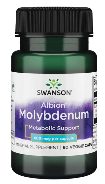 Un flacone di Swanson's Molibdeno - 400 mcg 60 capsule Albion Chelated, un minerale chelato fondamentale per il metabolismo e l'assorbimento.