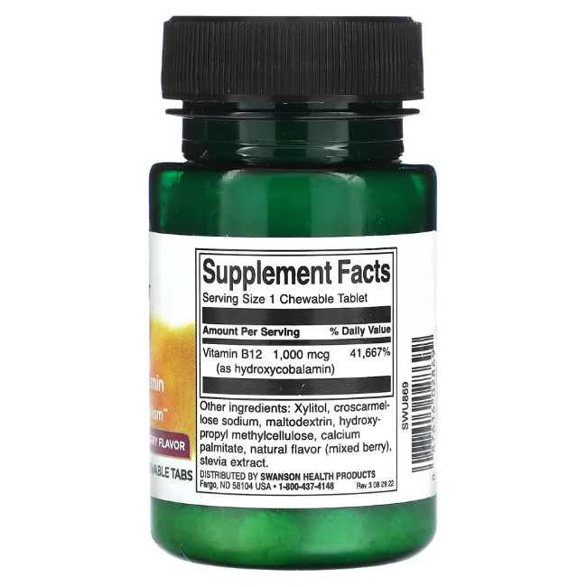 Swanson's Vitamin B-12 - 1000 mcg Hydroxycobalamin comes in a green bottle with supplement facts, providing 41,667% daily value to support energy production and enhanced with sweeteners and flavoring for better taste.