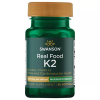 Thumbnail for A green bottle of Swanson's Real Food Vitamin K2 offers 200 mcg of Menaquinone-7 per softgel, supporting bone and cardiovascular health, with 30 softgels derived from Natto.