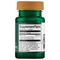 Thumbnail for The Swanson Real Food Vitamin K2 200 mcg 30 Softgels come in a green bottle with a white label detailing supplement facts and ingredients like sunflower oil and glycerin, featuring 200 mcg of menaquinone-7 from natto per serving.