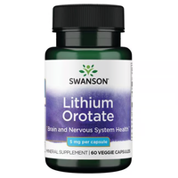 Thumbnail for A bottle of Lithium Orotate 5 mg, from the brand Swanson, contains 60 veggie capsules and is designed to support brain, nervous system, and emotional health. It's ideal for individuals looking for mood stabilization assistance.