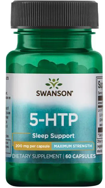 Un flacone di Swanson 5-HTP Maximum Strength 200 mg 60 Capsule supportano.