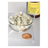 Thumbnail for A clear bowl with white capsules of Swanson's 5-HTP (Hydroxytryptophan) 200 mg, Maximum Strength, is placed beside a penny for scale. A blurred 