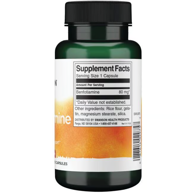 A green bottle of Swanson's Benfotiamine (Vitamin B1) 80 mg, featuring a label with Supplement Facts, emphasizes 80 mg of Benfotiamine per serving. This potent formula includes thiamine along with additional ingredients such as rice flour and gelatin to support optimal health.