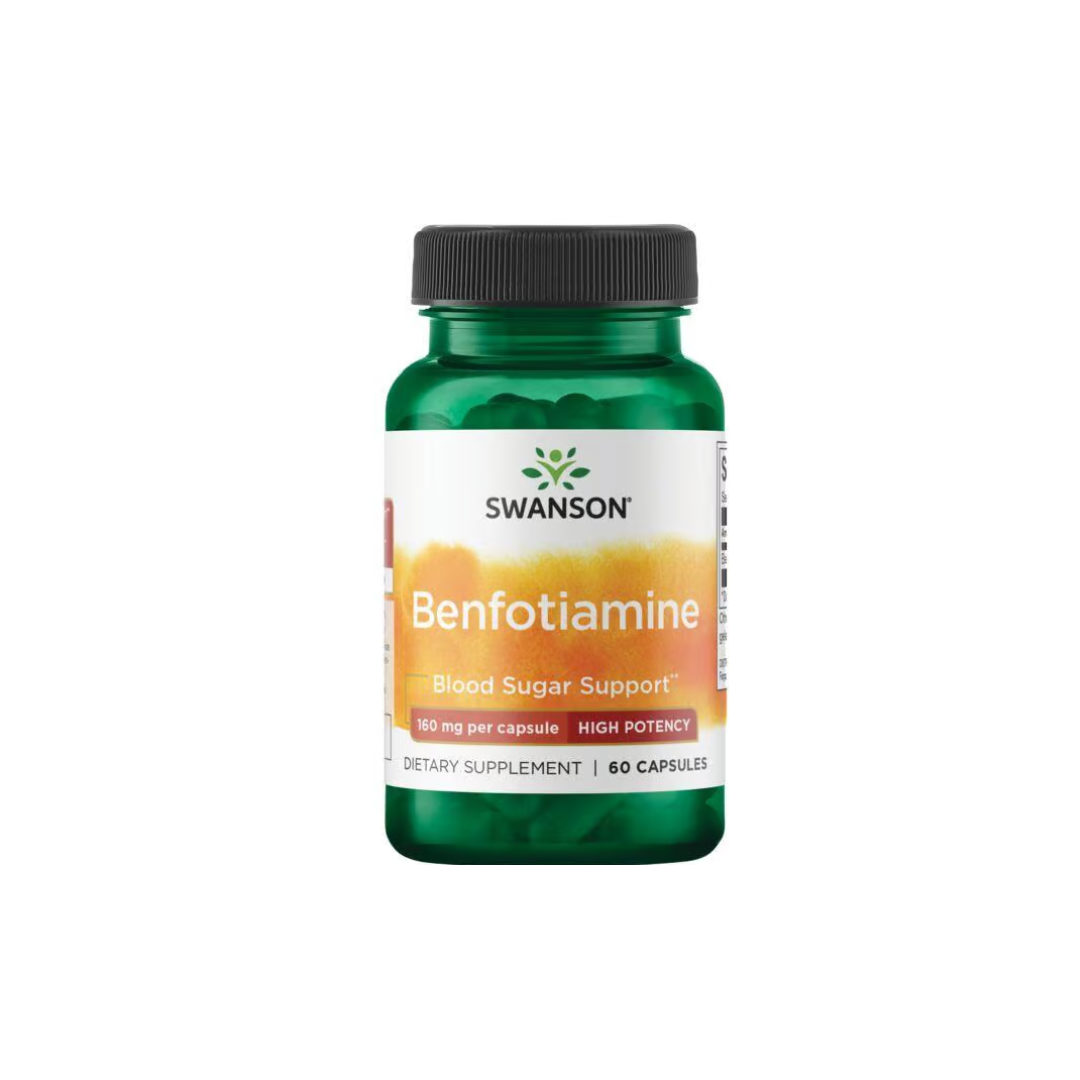 The Swanson Vitamin B-1 Benfotiamine supplement, featuring high potency 160 mg capsules, supports healthy glucose metabolism and effective blood sugar management. Each green bottle contains 60 capsules.