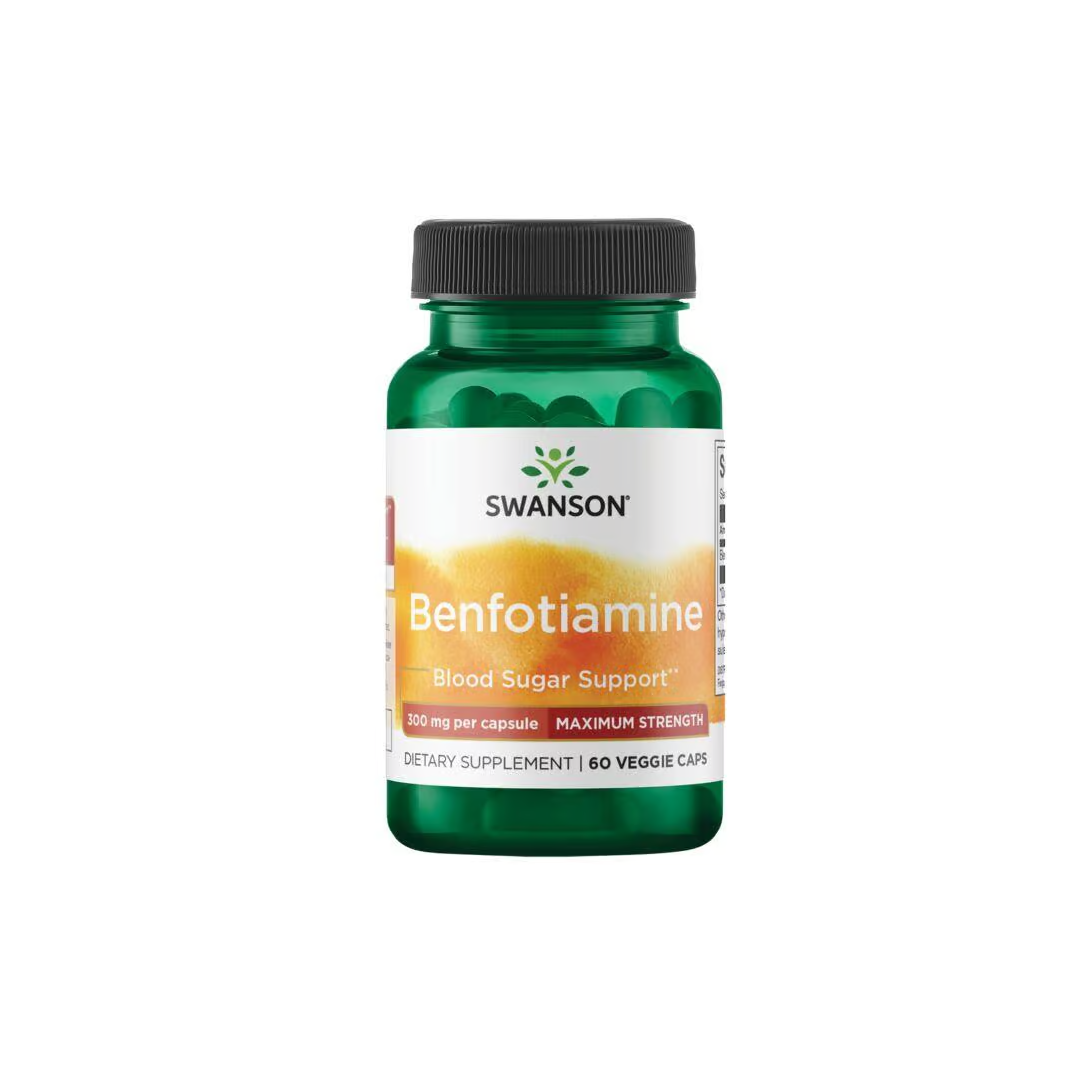 Swanson's Benfotiamine (Vitamin B1) supplement, in a green bottle, supports blood sugar and energy with 300 mg per capsule; includes 60 veggie capsules.