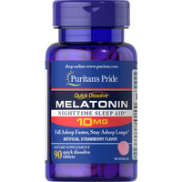 Thumbnail for Bottle of Puritan's Pride Melatonin 10 mg 90 Quick Dissolve Tablets Strawberry Flavor for improved sleep quality.