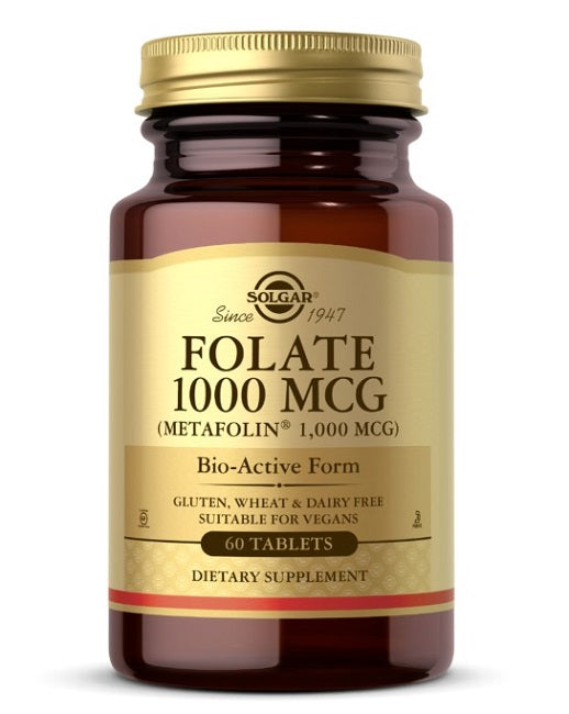 A bottle of Solgar Folate 1000 mcg (Metafolin® 1,000 mcg) dietary supplement, enriched for prenatal health, contains 60 tablets and is labeled gluten, wheat, and dairy-free, suitable for vegans.