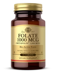 Thumbnail for A bottle of Solgar Folate 1000 mcg (Metafolin® 1,000 mcg) dietary supplement, enriched for prenatal health, contains 60 tablets and is labeled gluten, wheat, and dairy-free, suitable for vegans.