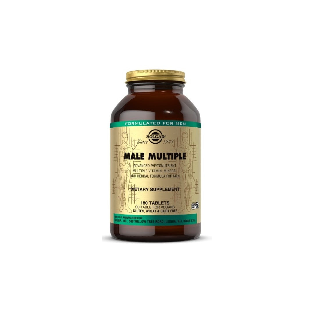 Una bottiglia di Solgar Male Multiple Multivitamins & Minerals for Men 180 Tablets su uno sfondo bianco.