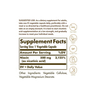 Miniatura di un'etichetta di Solgar che mostra gli ingredienti della Niacina Vitamina B3 500 mg 100 Capsule Vegetali, un integratore che promuove la salute cardiovascolare.
