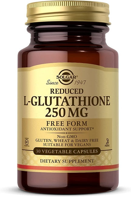 L-Glutatione ridotto 250 mg 30 Capsule Vegetali di Solgar è un potente antiossidante che contiene aminoacidi. Ogni porzione fornisce 250 mg di questo nutriente essenziale.