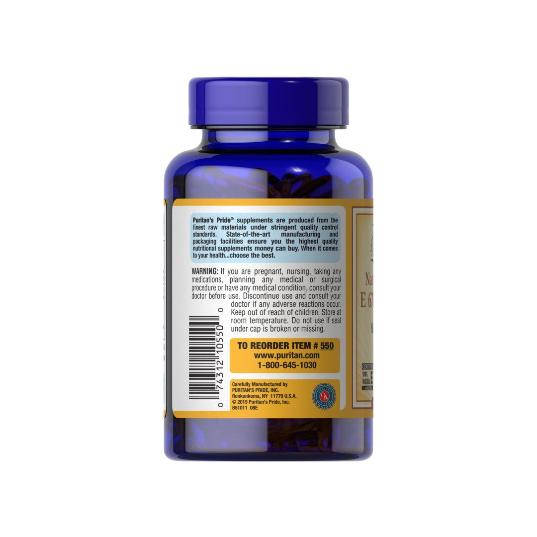 Il retro di un flacone di Vitamina E 1000 IU Mixed Tocopherols 100 Rapid Release Softgels di Puritan's Pride che offre supporto antiossidante e promuove la salute cardiovascolare.