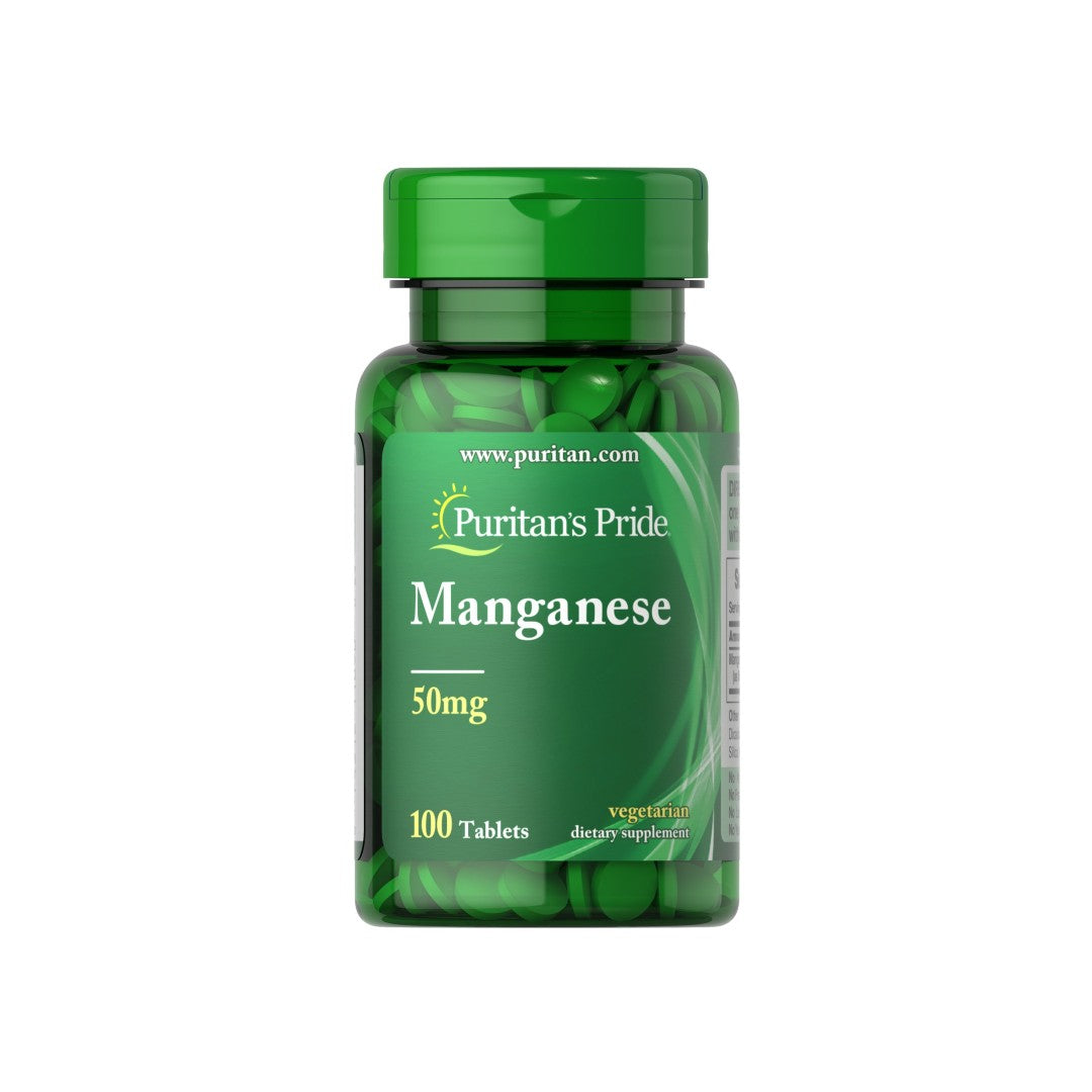 Un flacone di Puritan's Pride Manganese 50 mg 100 compresse.