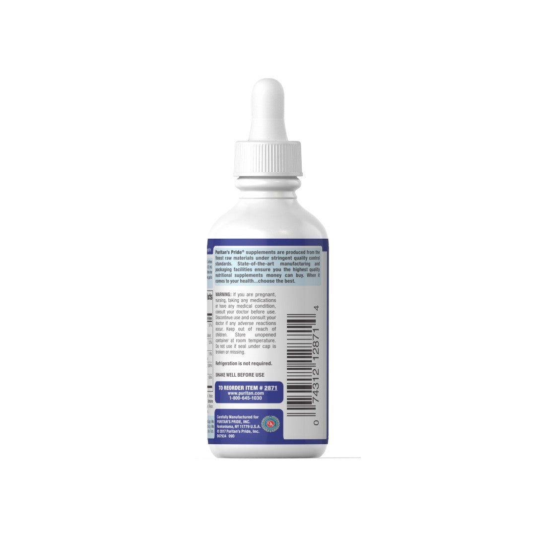 Flacone di Puritan's Pride B-Complex with Vitamin B12 Liquid - 59 ml su sfondo bianco.