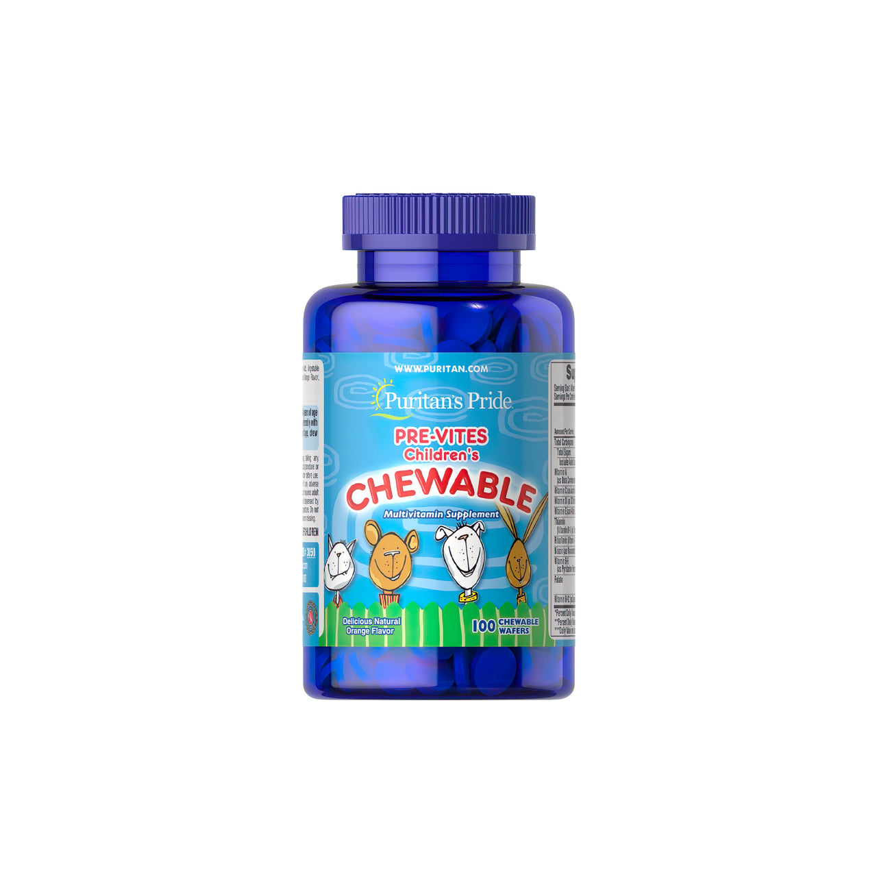 Un flacone di PRE- Vites Chlidren's multivitaminico 100 wafer masticabili di Puritan's Pride con vitamine essenziali.