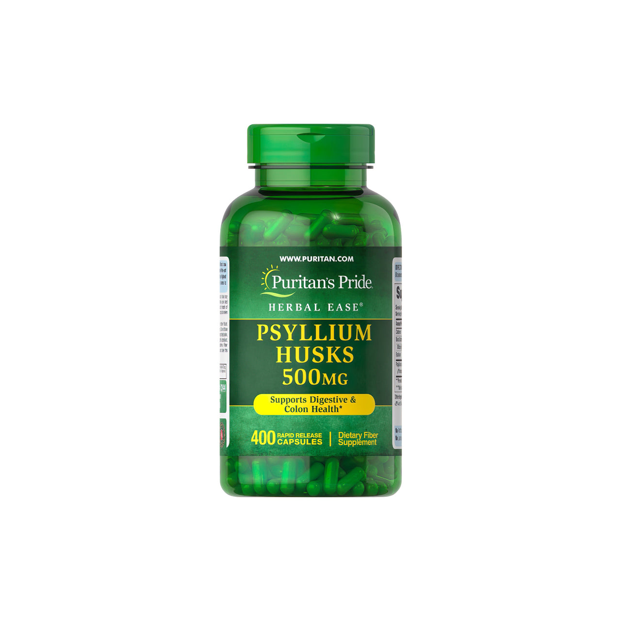 Un flacone di Puritan's Pride Psyllium Husks 500 mg 400 capsule a rilascio rapido, note per il loro contenuto di fibre solubili che favoriscono la salute dell'apparato digerente e del colon.