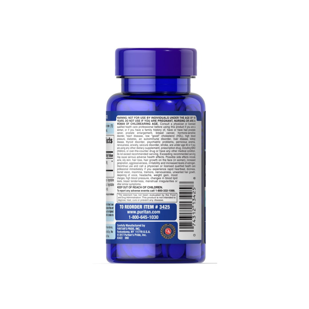 Il retro di un flacone blu con l'etichetta di DHEA - 25 mg 250 tabs di Puritan's Pride.