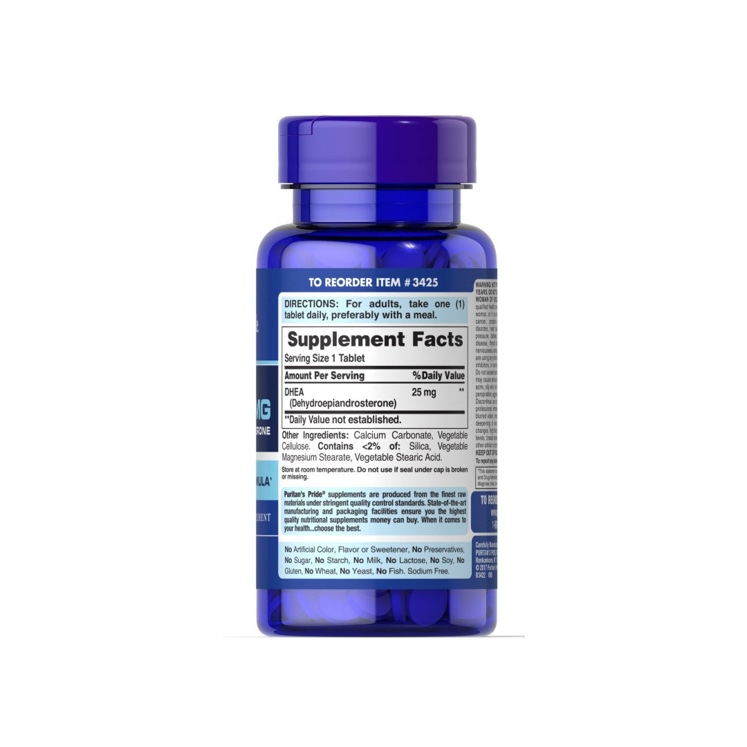 Un flacone di integratori Puritan's Pride DHEA - 25 mg 250 tabs su sfondo bianco.