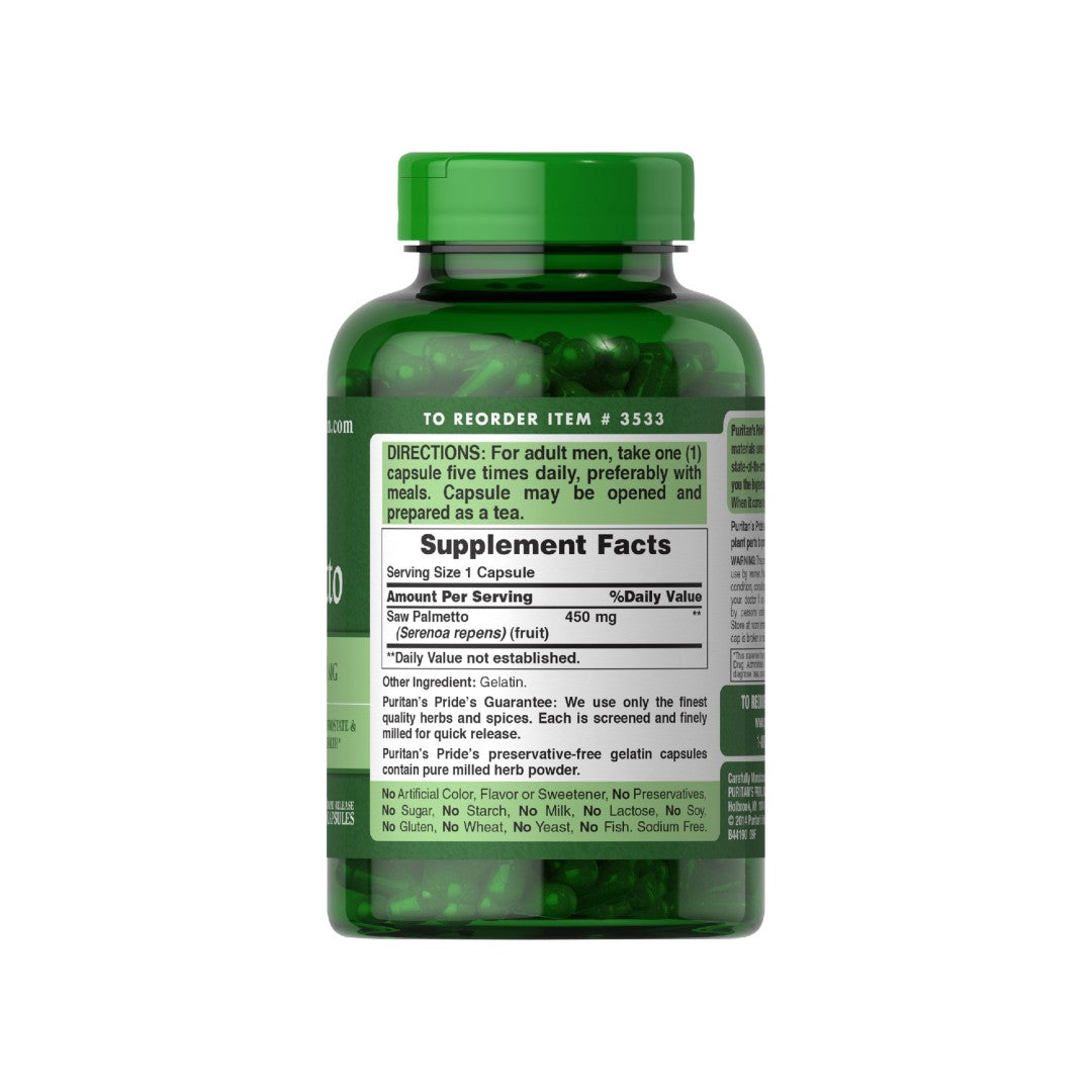 Un flacone di estratto di tè verde, arricchito con Puritan's Pride Saw Palmetto 450 mg 200 capsule a rilascio rapido per la salute della prostata e il miglioramento delle funzioni urinarie.