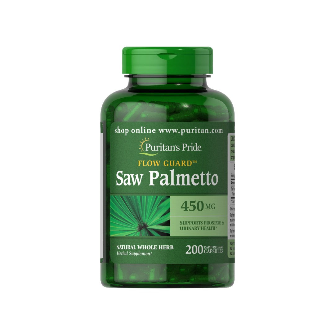 Un flacone di Puritan's Pride Saw Palmetto 450 mg 200 Capsule a Rilascio Rapido, che promuove la funzione urinaria e la salute della prostata.