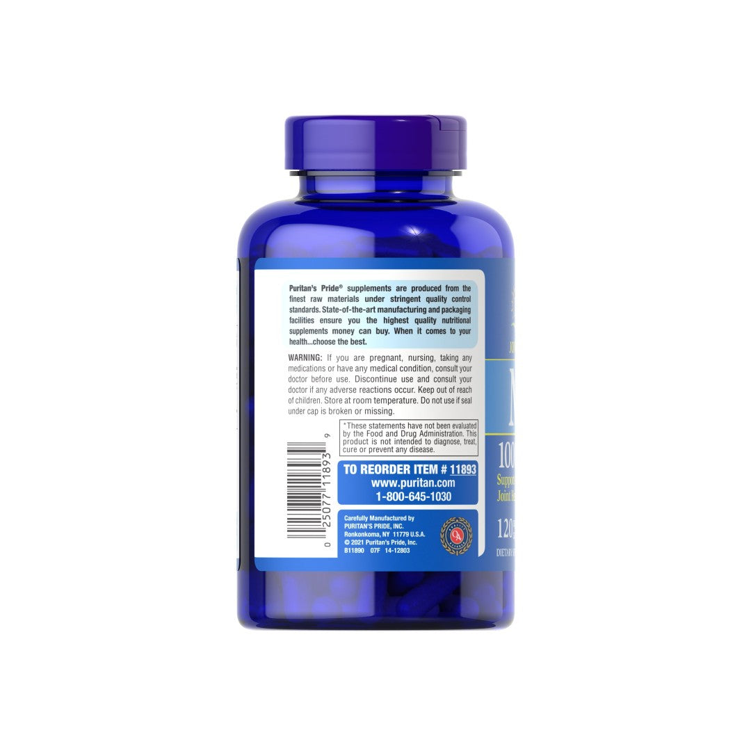 Il retro di un flacone di Puritan's Pride MSM 1000 mg 120 Capsule a Rilascio Rapido, studiate per supportare il tessuto connettivo e la salute delle articolazioni. Potenziato con MSM per maggiori benefici.
