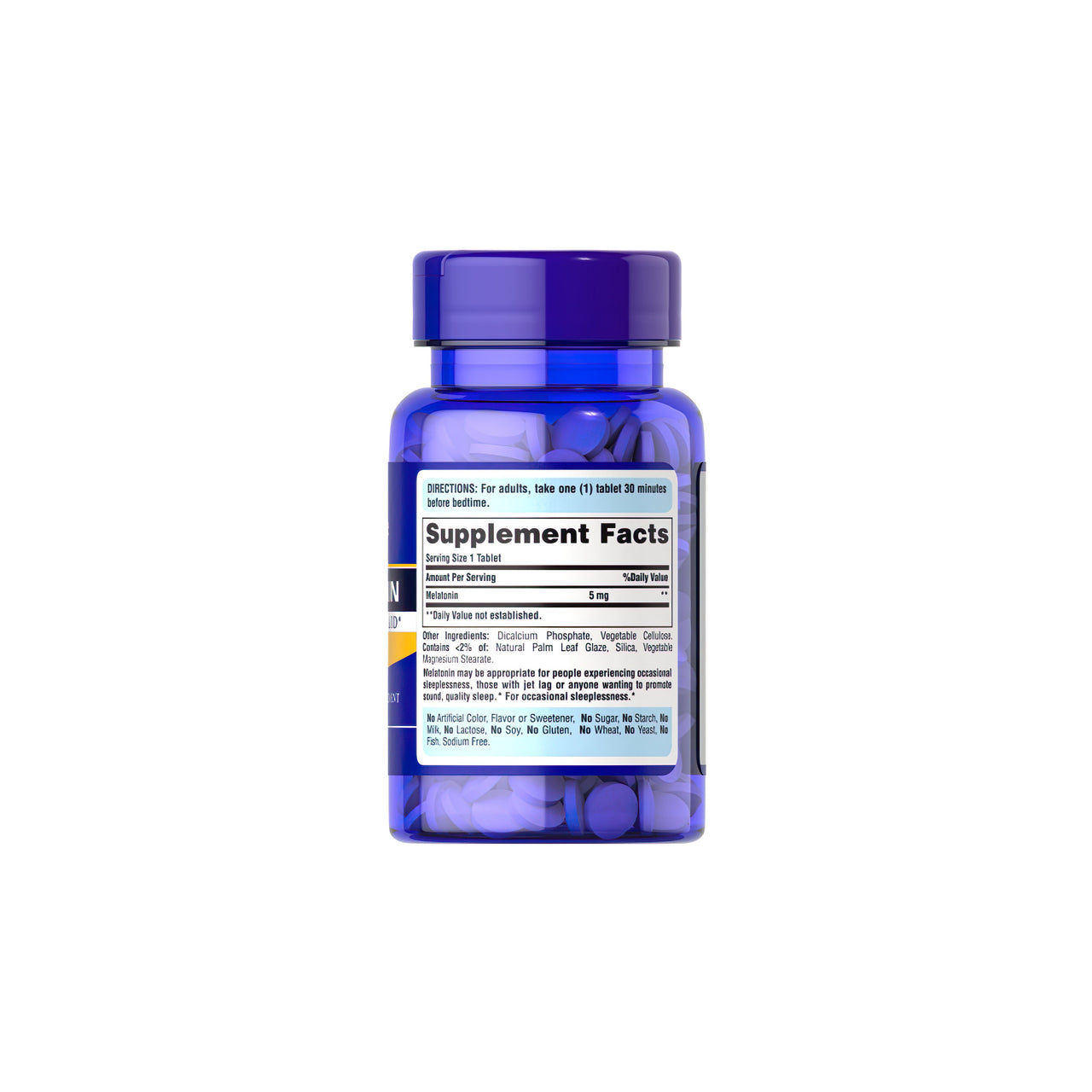 Un flacone di Puritan's Pride Melatonina 5 mg 120 Compresse su uno sfondo bianco.