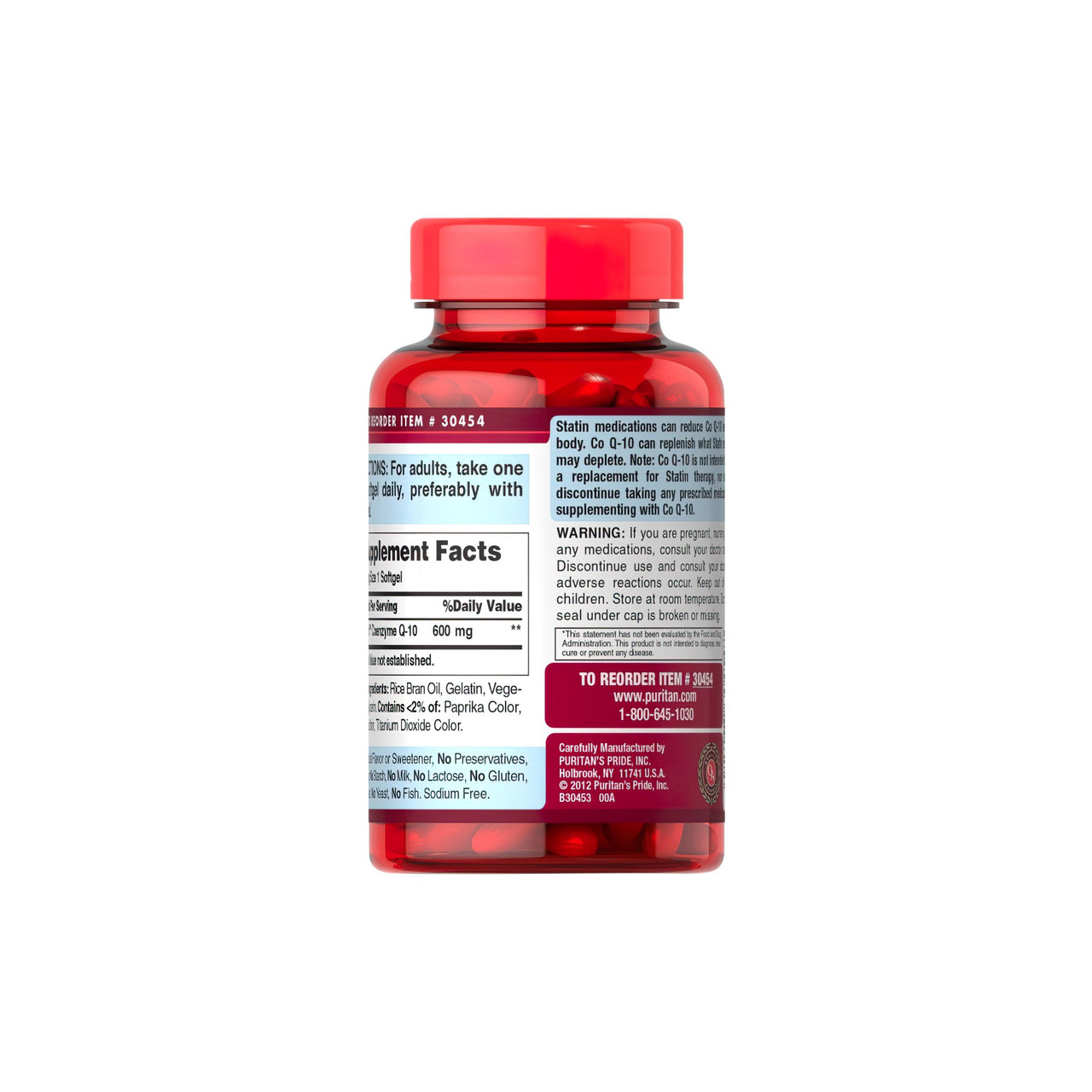 Un flacone di Coenzima Q10 600 mg 60 Capsule Morbide a Rilascio Rapido Q-SORB™ con etichetta rossa di Puritan's Pride.