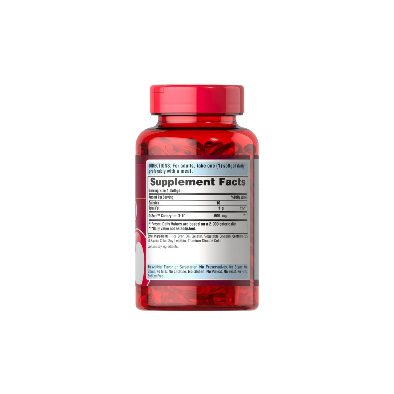 Flacone di integratori di Coenzima Q10 600 mg 60 Rapid Release Softgels Q-SORB™ di Puritan's Pride su sfondo bianco.