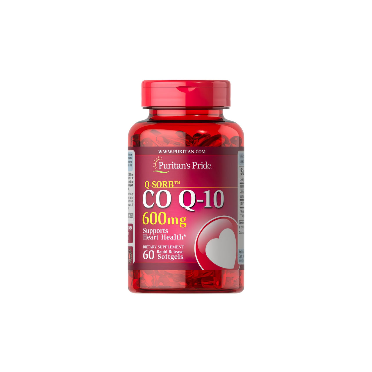 Un flacone di Coenzima Q10 600 mg 60 Capsule Morbide a Rilascio Rapido Q-SORB™ con un cuore rosso. (Marchio: Puritan's Pride)