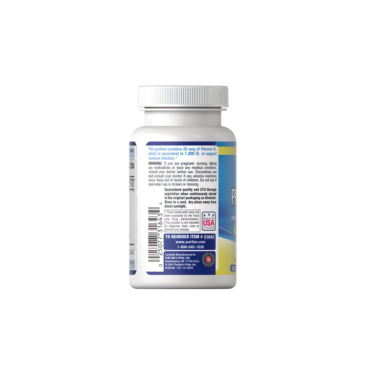 Una bottiglia di Probiotic 10 Plus Vitamin D3 1000 IU 60 caps, un potente rinforzo immunitario, su uno sfondo bianco. (Nome del marchio: Puritan's Pride)