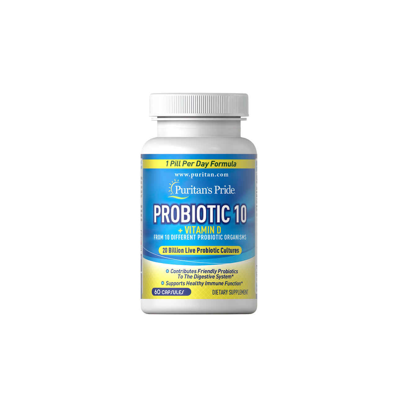 Un flacone di Probiotic 10 plus Vitamin D3 1000 IU 60 caps da Puritan's Pride.