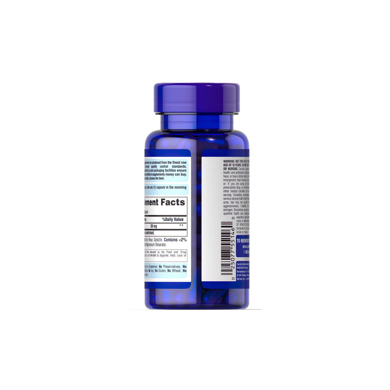 Un flacone di Puritan's Pride Pregnenolone 50 mg 90 capsule a rilascio rapido per un regime di invecchiamento sano su uno sfondo bianco.