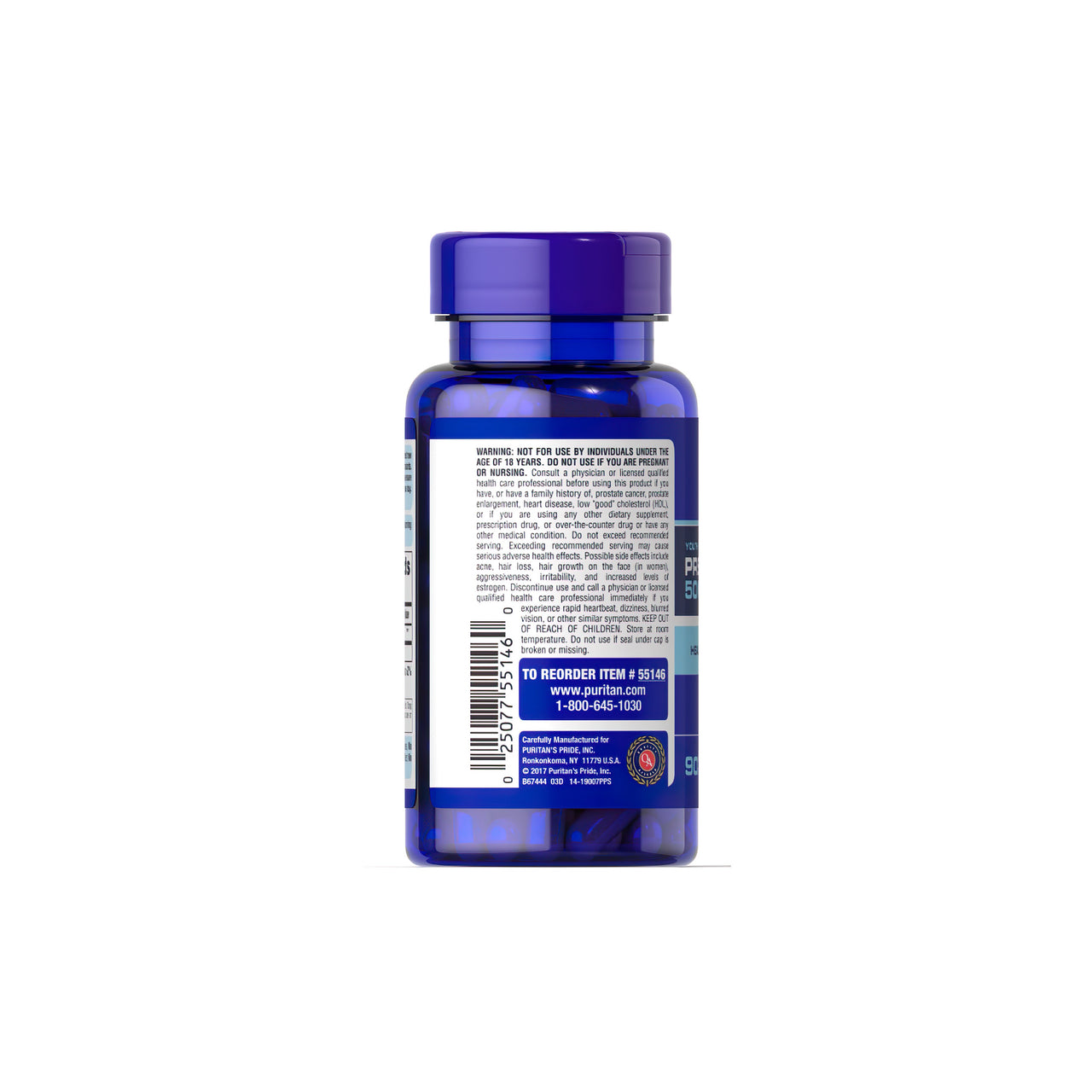 Sul retro di un flacone blu con un'etichetta che riporta le parole chiave "invecchiamento sano" e "regime di invecchiamento" si trova il Pregnenolone 50 mg 90 capsule a rilascio rapido di Puritan's Pride.